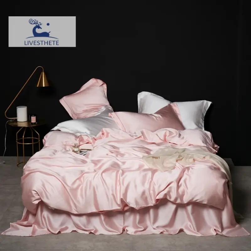 100% Mulberry Silk Bedding Set - Queen King Pink Luxury Duvet Cover Set for Healthy Sleep