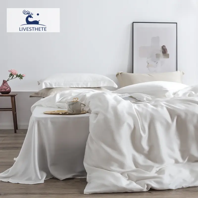 100% Pure Silk Bedding Set - Queen King Size Luxury Solid White Duvet Cover Set for Skin Care & Better Sleep