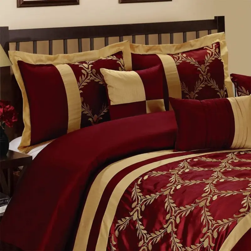 Luxury 7-Piece Faux Silk Comforter Set - Queen Size Burgundy Gold Embroidered Bedding for Elegant Bedroom - Image 3