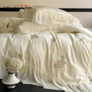 100% Bamboo Fiber Bedding Set - Floral Embroidered Lace Luxury Duvet Cover Set with Fitted Sheet for Year-Round Comfort