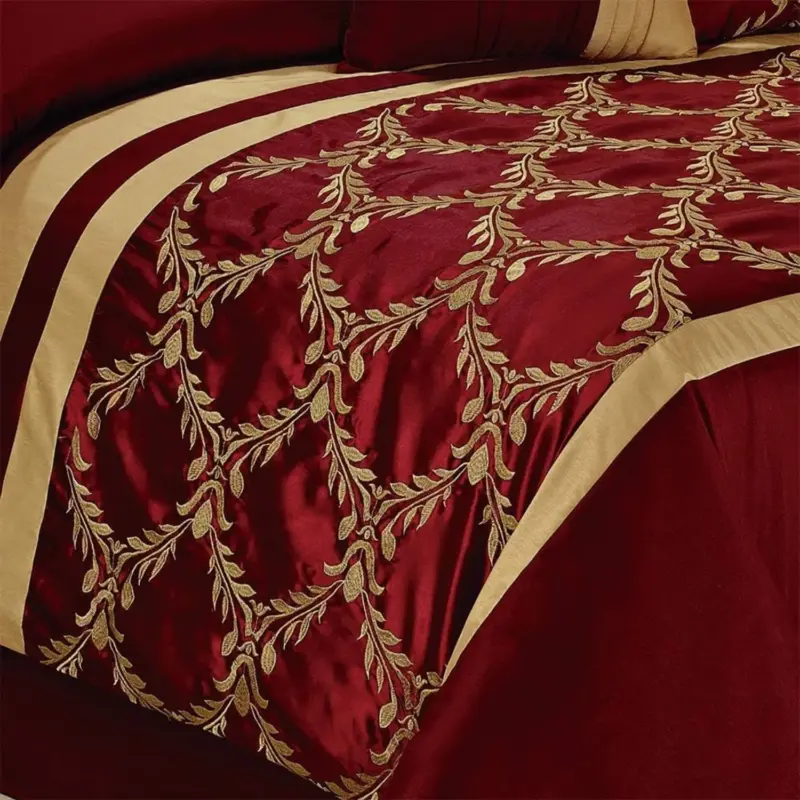 Luxury 7-Piece Faux Silk Comforter Set - Queen Size Burgundy Gold Embroidered Bedding for Elegant Bedroom - Image 6
