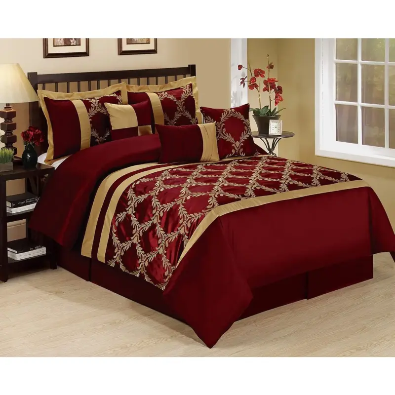 Luxury 7-Piece Faux Silk Comforter Set - Queen Size Burgundy Gold Embroidered Bedding for Elegant Bedroom - Image 2