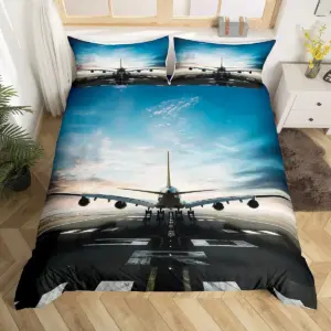 3D Airplane Duvet Cover Set - King Size Blue Sky Aviation Bedding for Kids & Teens