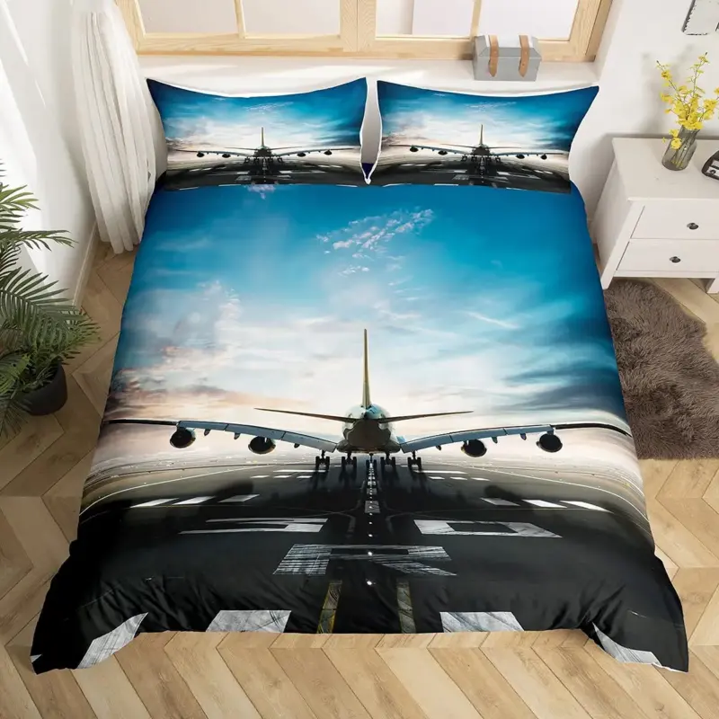 3D Airplane Duvet Cover Set - King Size Blue Sky Aviation Bedding for Kids & Teens