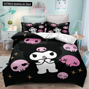 Sanrio Kuromi 3D Print Bedding Set - Twin King Size Anime Quilt Duvet Cover with Pillowcases for Kids Comfort