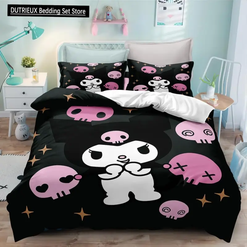 Sanrio Kuromi 3D Print Bedding Set - Twin King Size Anime Quilt Duvet Cover with Pillowcases for Kids Comfort