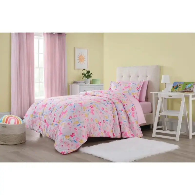 Wildflower Polyester Bedding Set - Twin Size Pink Floral 5-Piece Collection for Girls Bedroom - Image 2