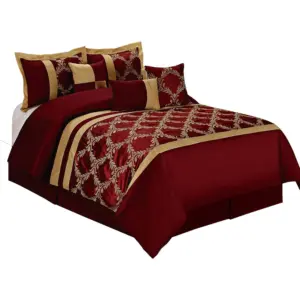 Luxury 7-Piece Faux Silk Comforter Set - Queen Size Burgundy Gold Embroidered Bedding for Elegant Bedroom