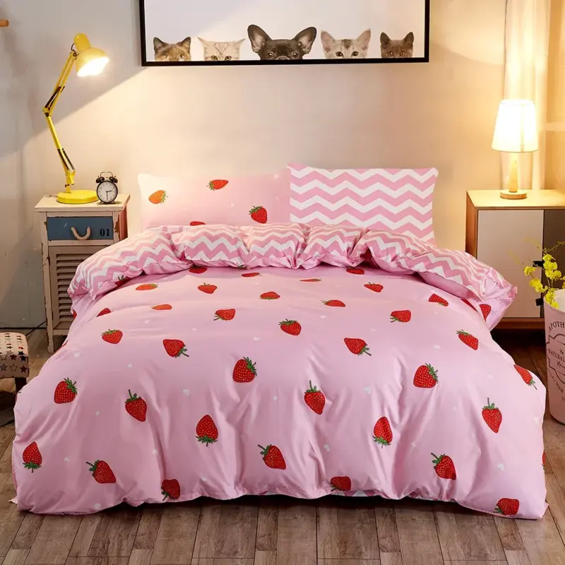 100% Bamboo Fiber Duvet Cover Set - King Size Strawberry Print Luxury Bedding for All Seasons