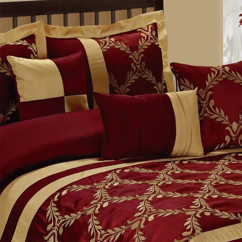 Luxury 7-Piece Faux Silk Comforter Set - Queen Size Burgundy Gold Embroidered Bedding for Elegant Bedroom - Image 4