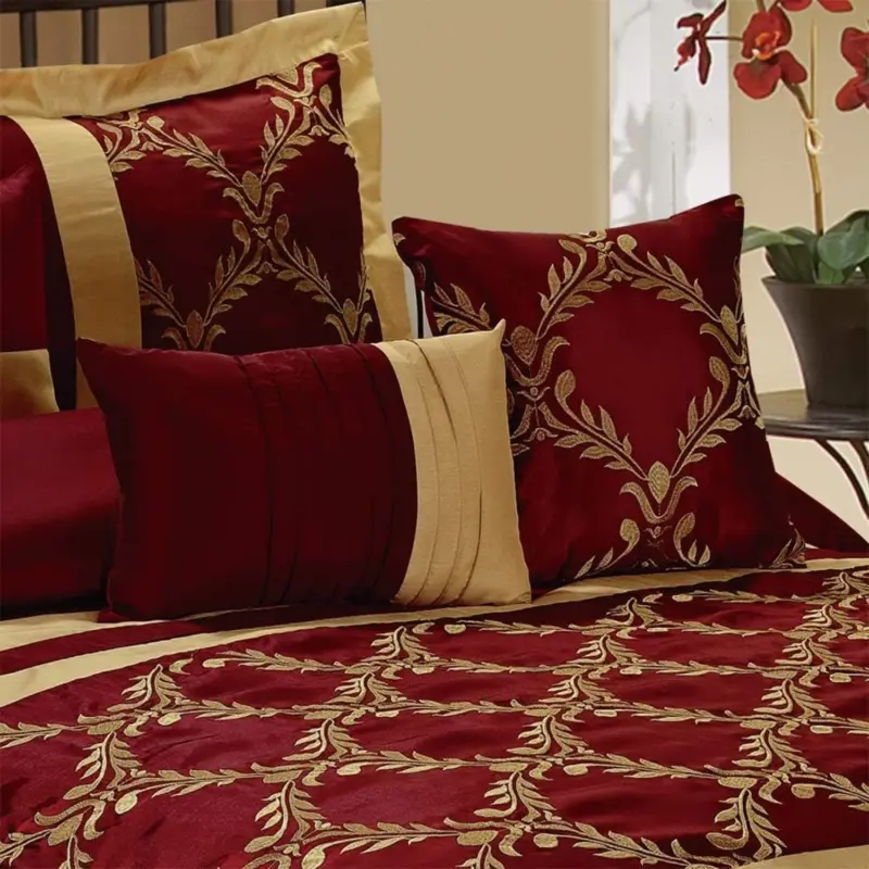Luxury 7-Piece Faux Silk Comforter Set - Queen Size Burgundy Gold Embroidered Bedding for Elegant Bedroom - Image 5