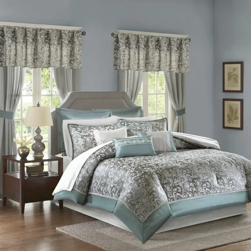 Faux Silk Paisley Bedding Collection - Queen Size Luxury Comforter Set with Curtains for Complete Bedroom Makeover