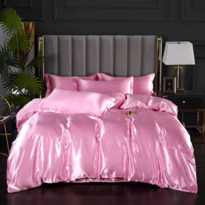 Luxury Satin Duvet Cover Set - Queen Size 3-Piece Pink Bedding with Zipper Closure for All Seasons
