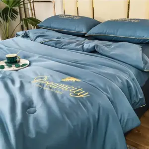 Premium Cooling Ice Silk Bedding Set - Queen Size Breathable Embroidered Comfort for Hot Sleepers