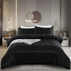 Microfiber Satin Striped Duvet Cover Set - Queen Size Black Luxury Bedding with Zipper Closure for Better Sleep