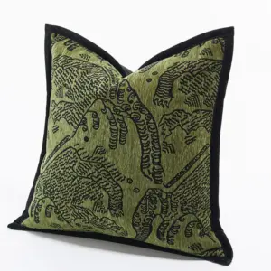 Retro Tiger Jacquard Cushion Cover - Square Green Luxury Decorative Pillow Case for Home